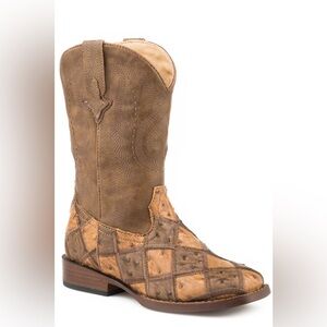 Roper LITTLE BOYS TAN AND BROWN PATCHWORK FAUX OSTRICH